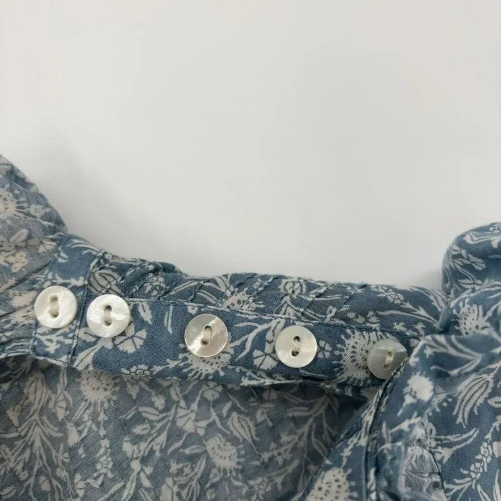 Doen Doen Blue Floral Ruffle-Neck Puff Sleeve Blouse